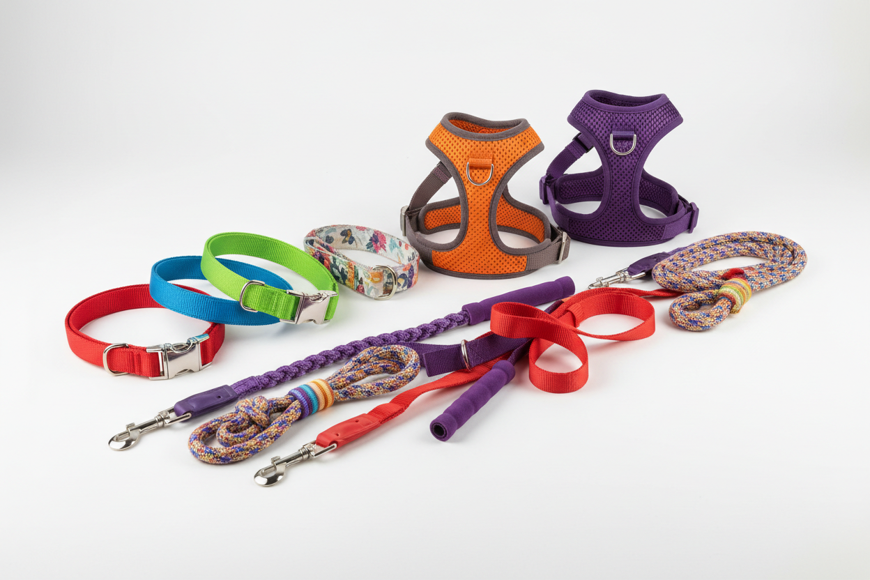 Assorted dog collars, harnesses, and leashes in bright colors and patterns.