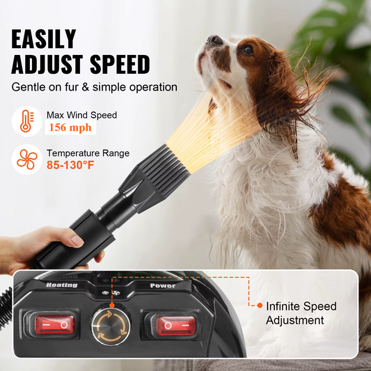 High-Velocity Pet Blow Dryer with Adjustable Speed, Temperature Control and 4 Nozzles by PetZync