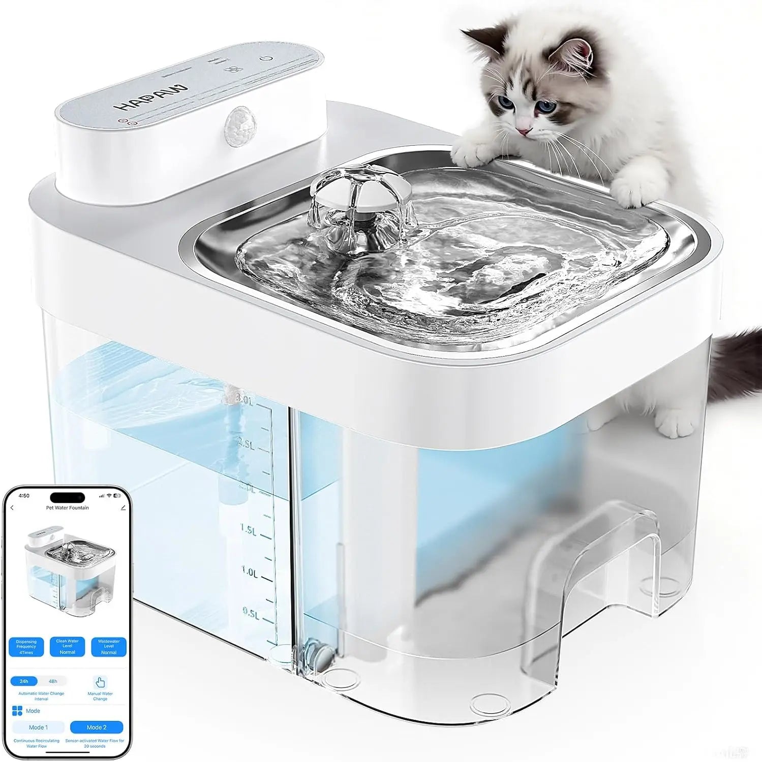 Smart Cat Water Fountain with App Monitoring, Dual Power, and Filterless Separation System by PetZync