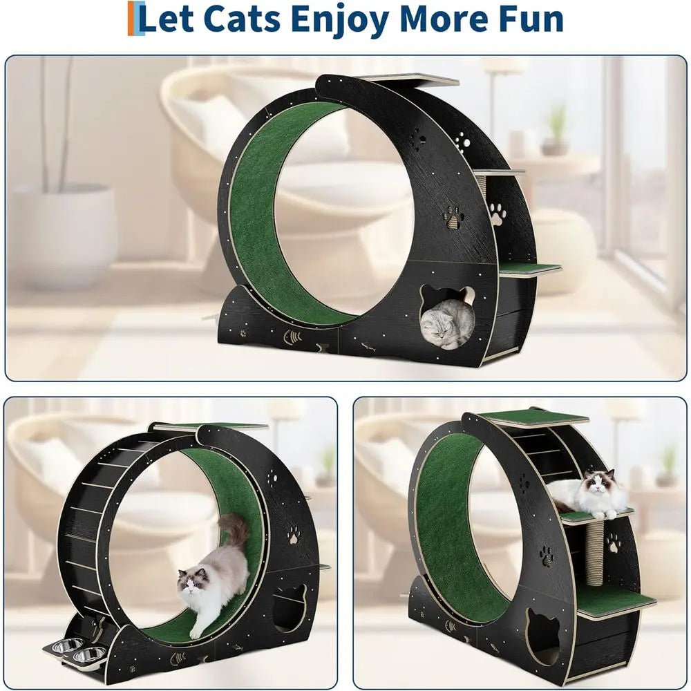 4-in-1 Indoor Cat Exercise Wheel with Scratcher, Hideaway and Feeding Station by PetZync