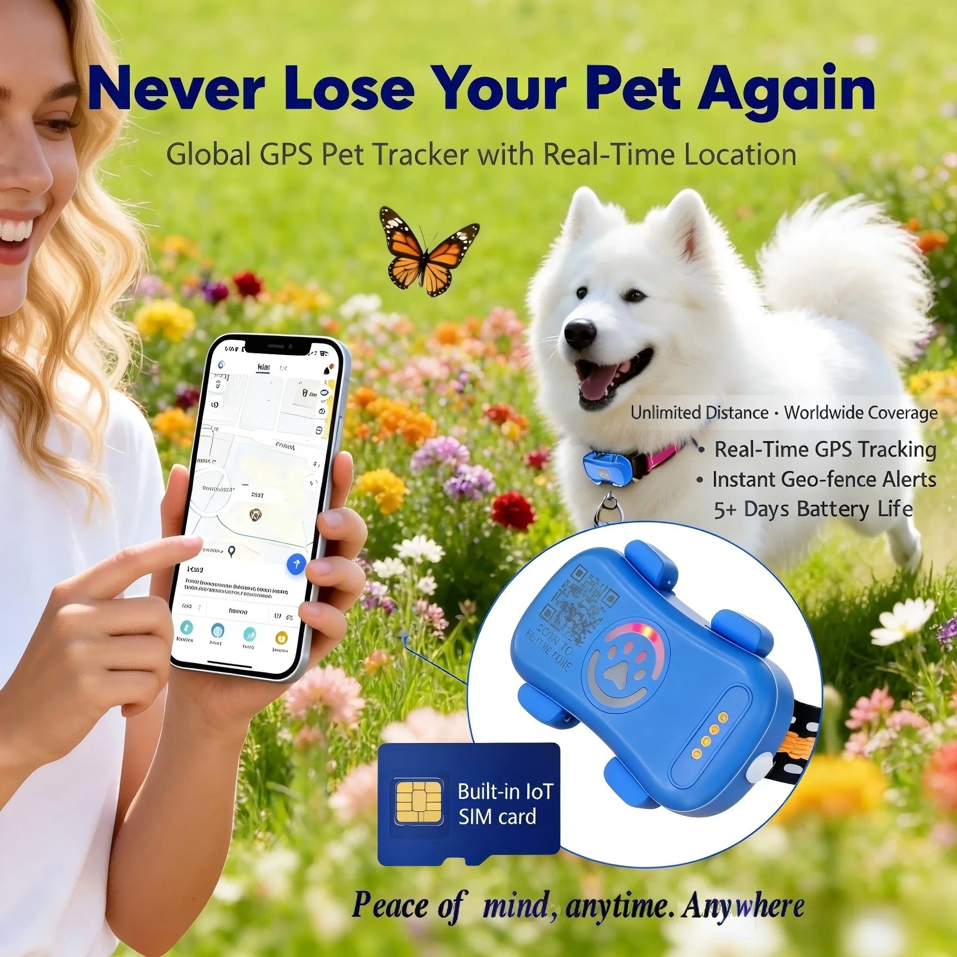 GPS Pet Tracker with Built-In SIM, Real-Time Tracking, and Geofencing by PetZync