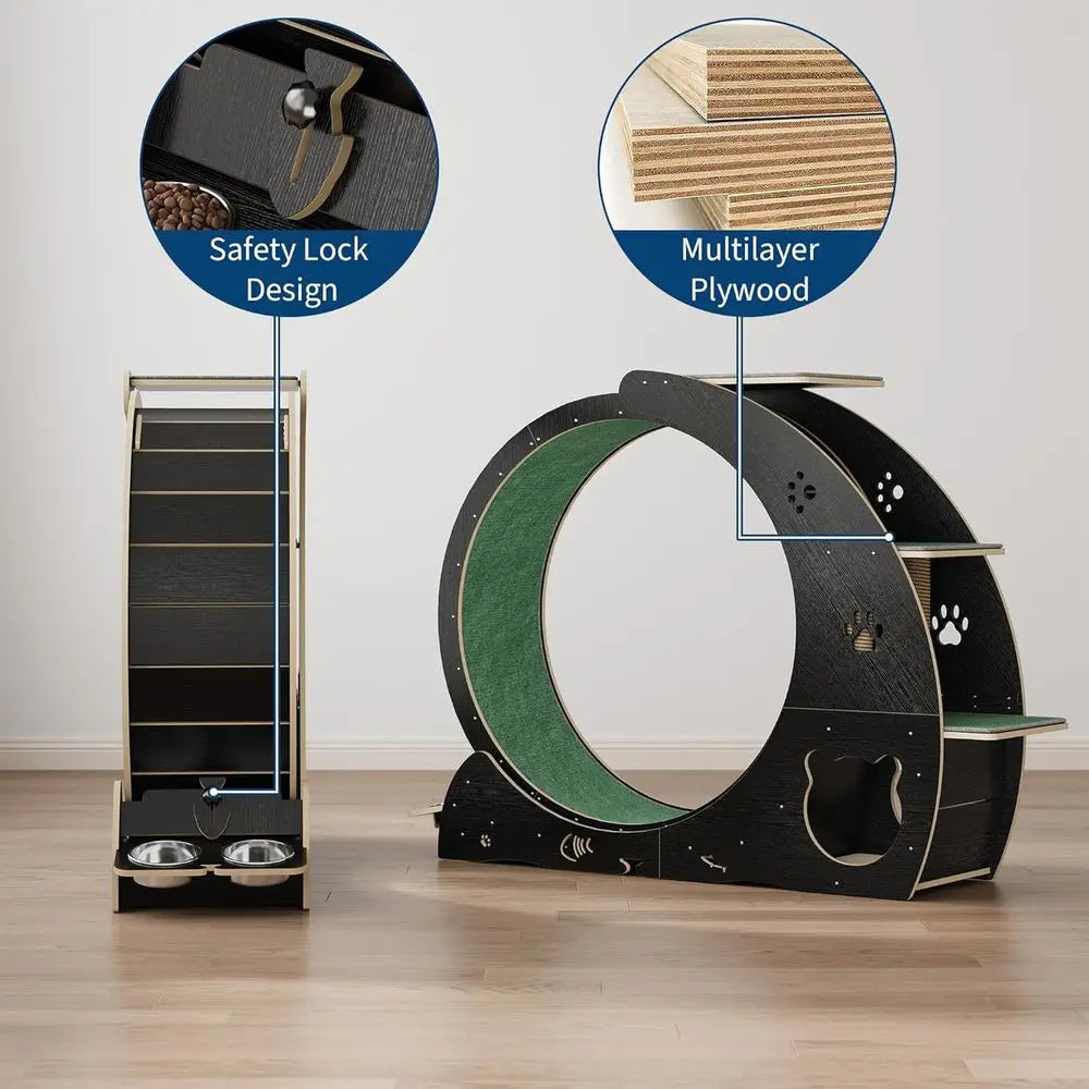 4-in-1 Indoor Cat Exercise Wheel with Scratcher, Hideaway and Feeding Station by PetZync