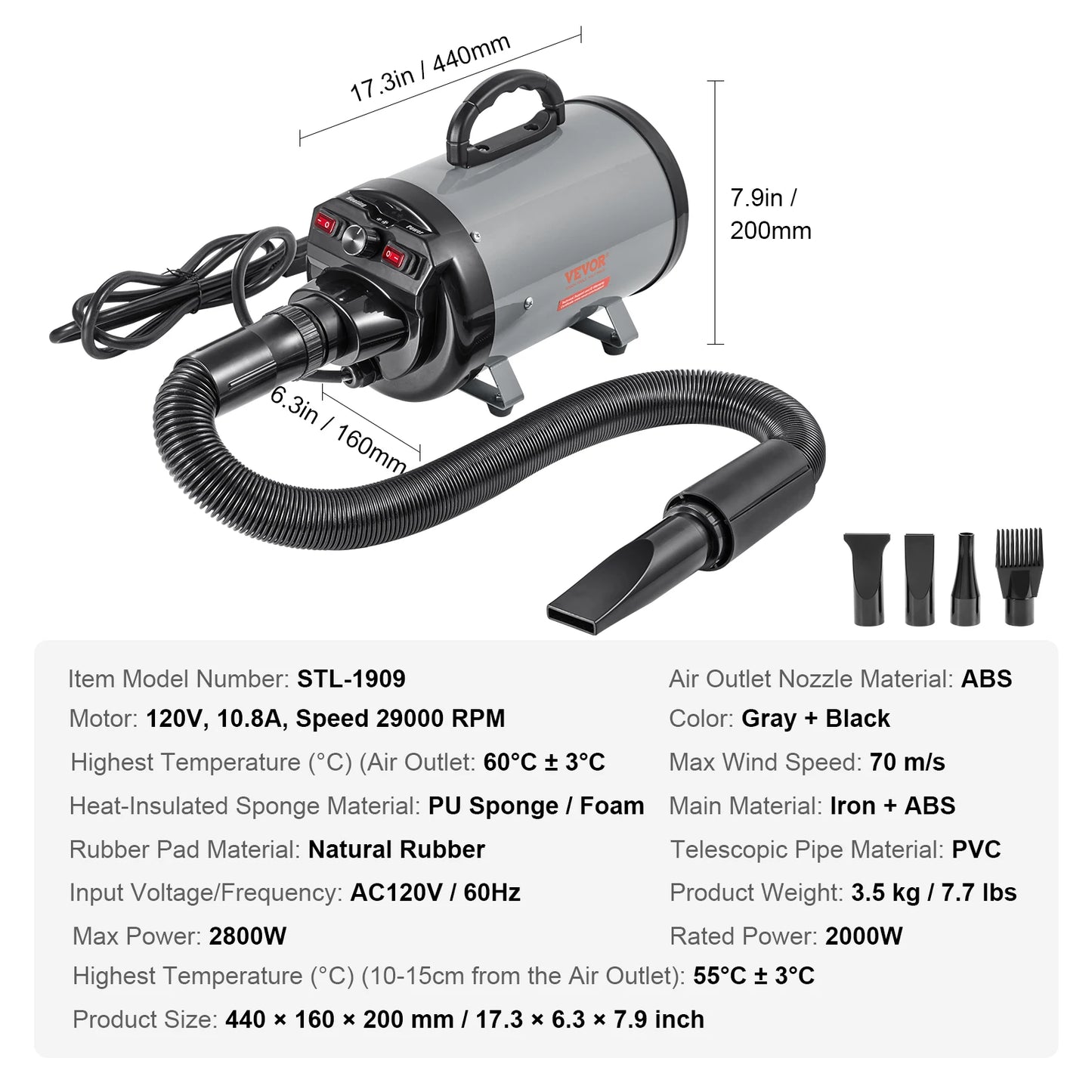 High-Velocity Pet Blow Dryer with Adjustable Speed, Temperature Control and 4 Nozzles by PetZync