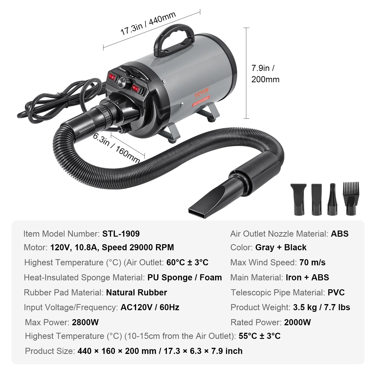 High-Velocity Pet Blow Dryer with Adjustable Speed, Temperature Control and 4 Nozzles by PetZync