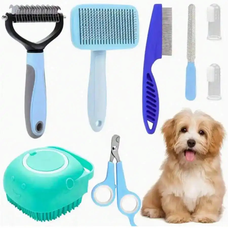 8-Piece Dog Grooming Kit with Nail Clippers, Flea Comb, Brush and Bath Tool by PetZync
