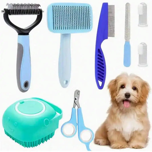 8-Piece Dog Grooming Kit with Nail Clippers, Flea Comb, Brush and Bath Tool by PetZync