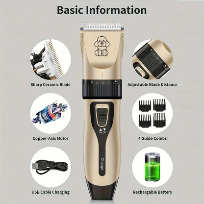 USB Rechargeable Low-Noise Pet Grooming Clipper Kit with Ceramic Blade by PetZync