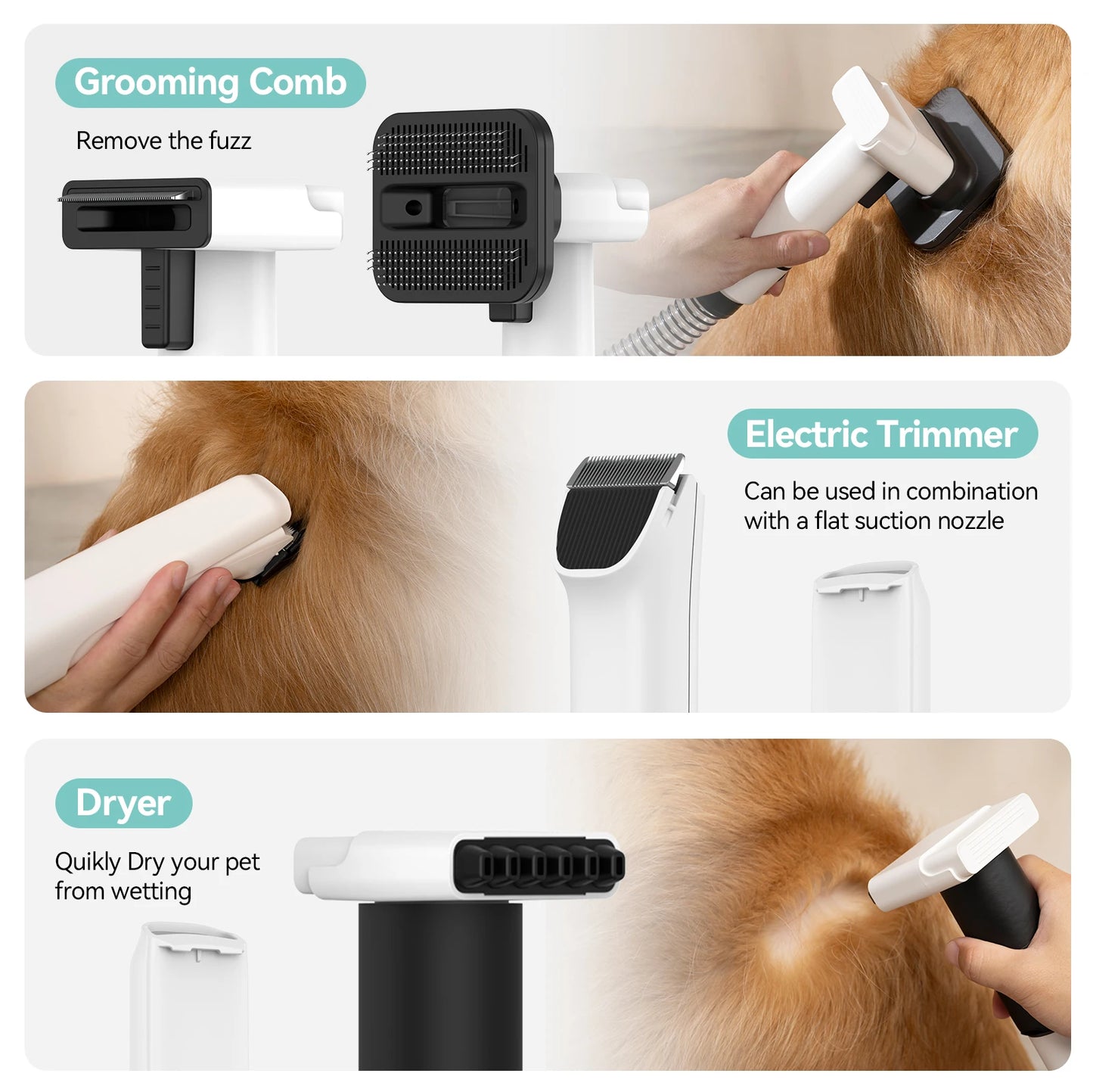 3-in-1 Pet Grooming Vacuum and Dryer Kit with Clipper, 15KPA Suction and 5 Tools by PetZync