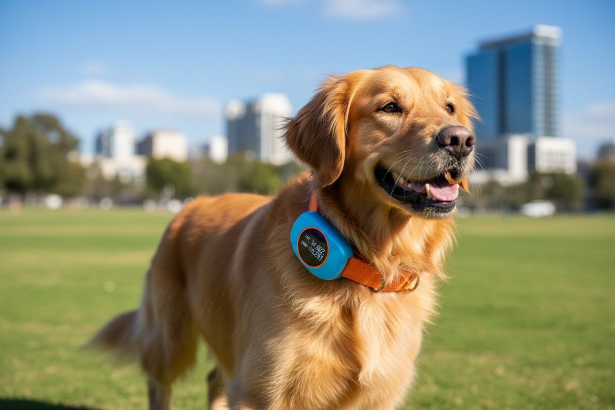 Dog wearing a blue and orange collar with a cityscape in the background