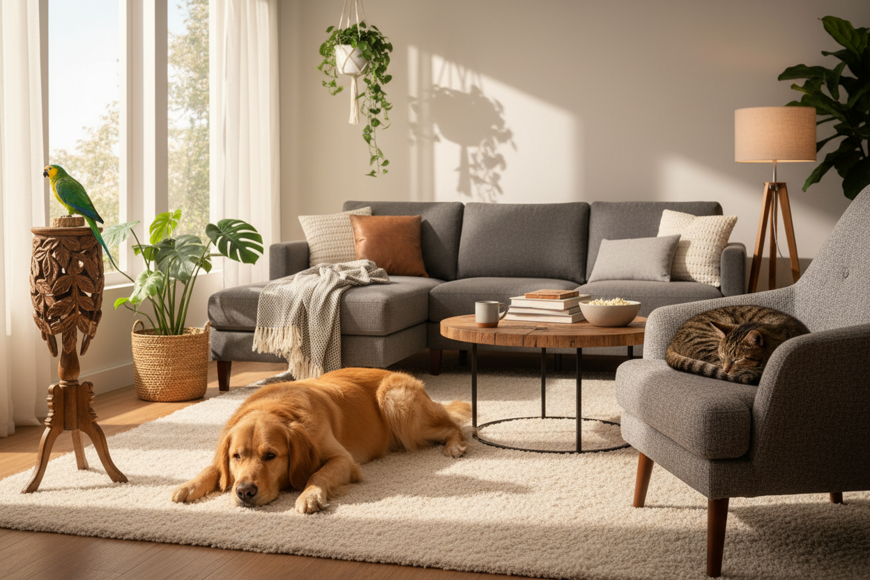 Cozy living room with a dog lying on the floor, surrounded by furniture and decor.